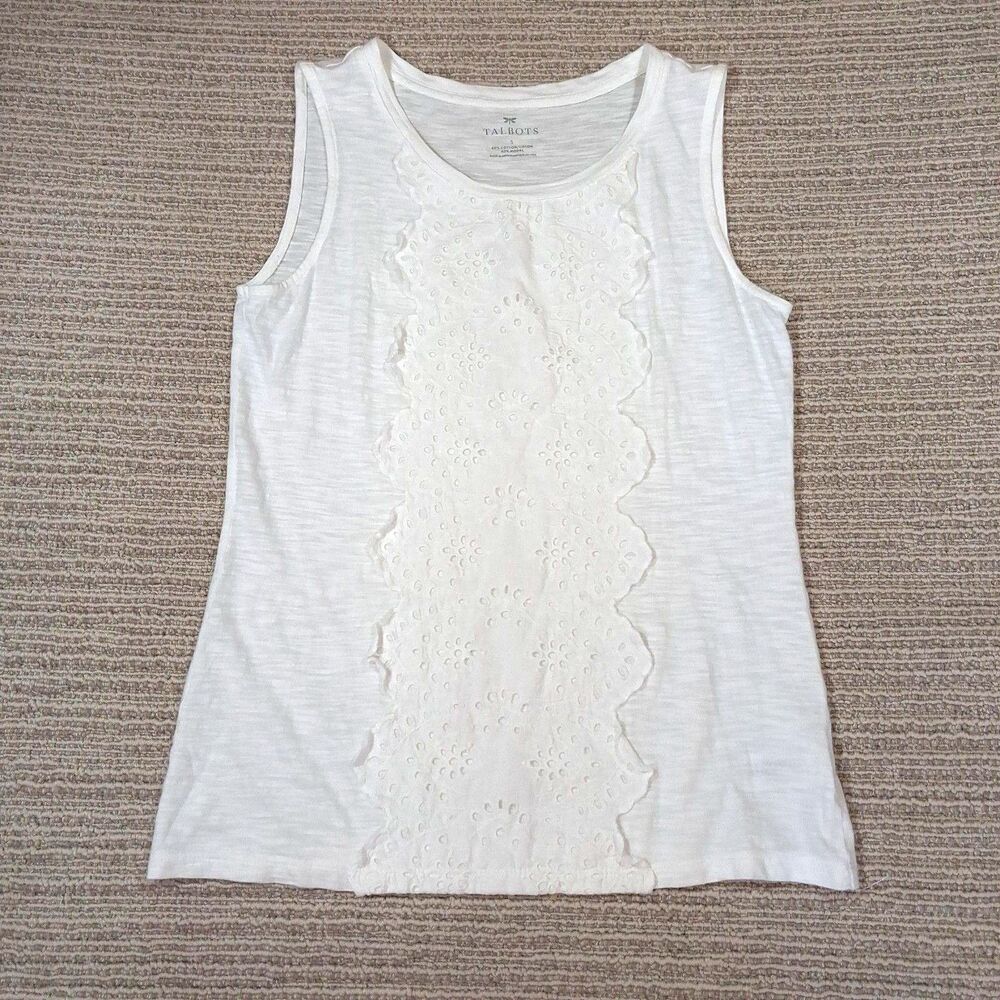TALBOTS WOMENS TANK TOP WHITE EYELET LACE EMBROIDERED COTTON MODAL BLEND SZ S SM